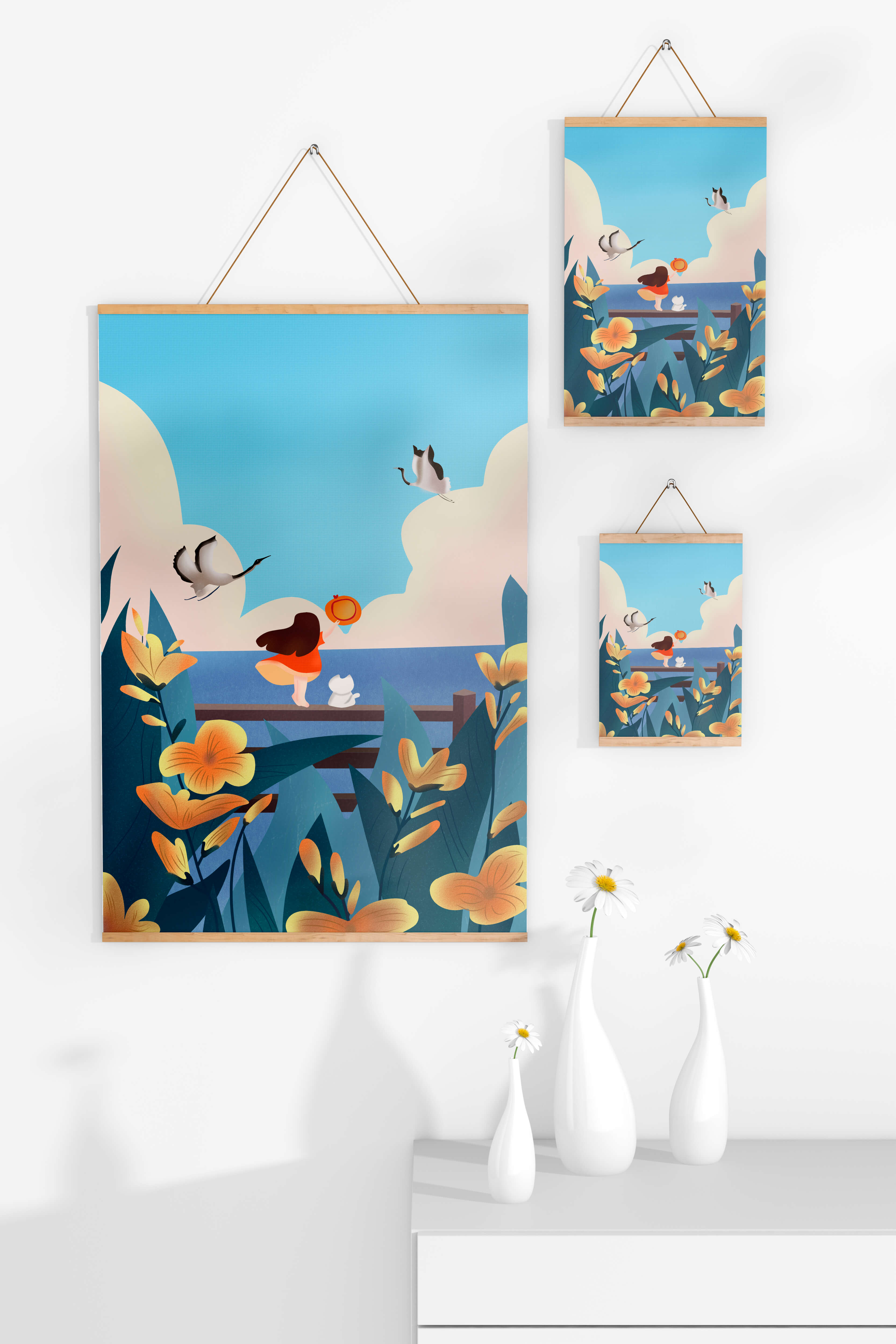 Serene seaside scene with girl, cat, and birds in nature