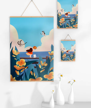 Scène sereine en bord de mer avec une fille, un chat et des oiseaux dans la nature
