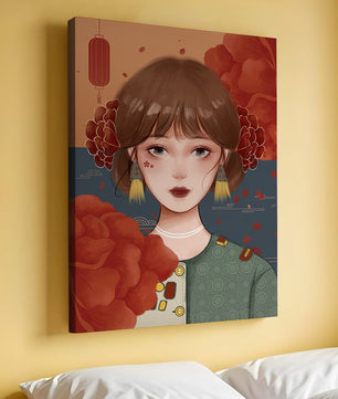 Digital art of a girl with floral and lantern elements