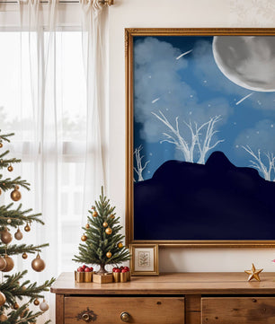 Paysage nocturne d'hiver avec arbres nus et pleine lune