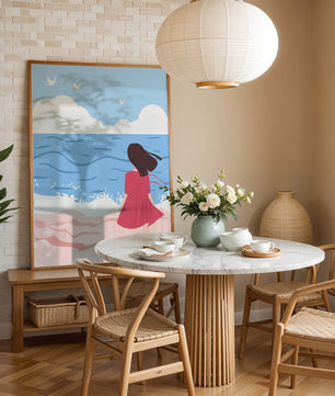 Serene seaside illustration with a girl in a pink dress gazing at the ocean