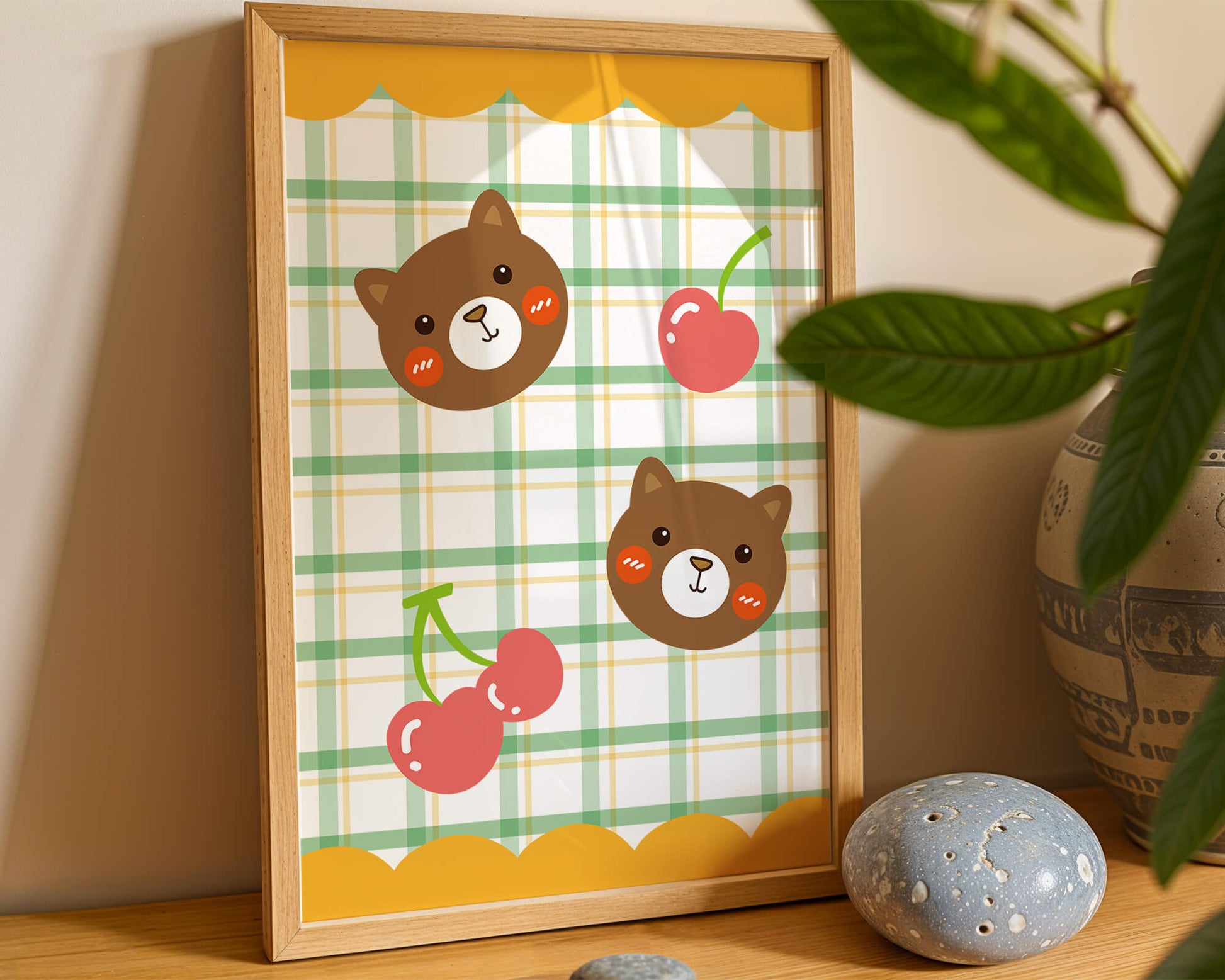 Playful bear and cherry pattern with plaid background