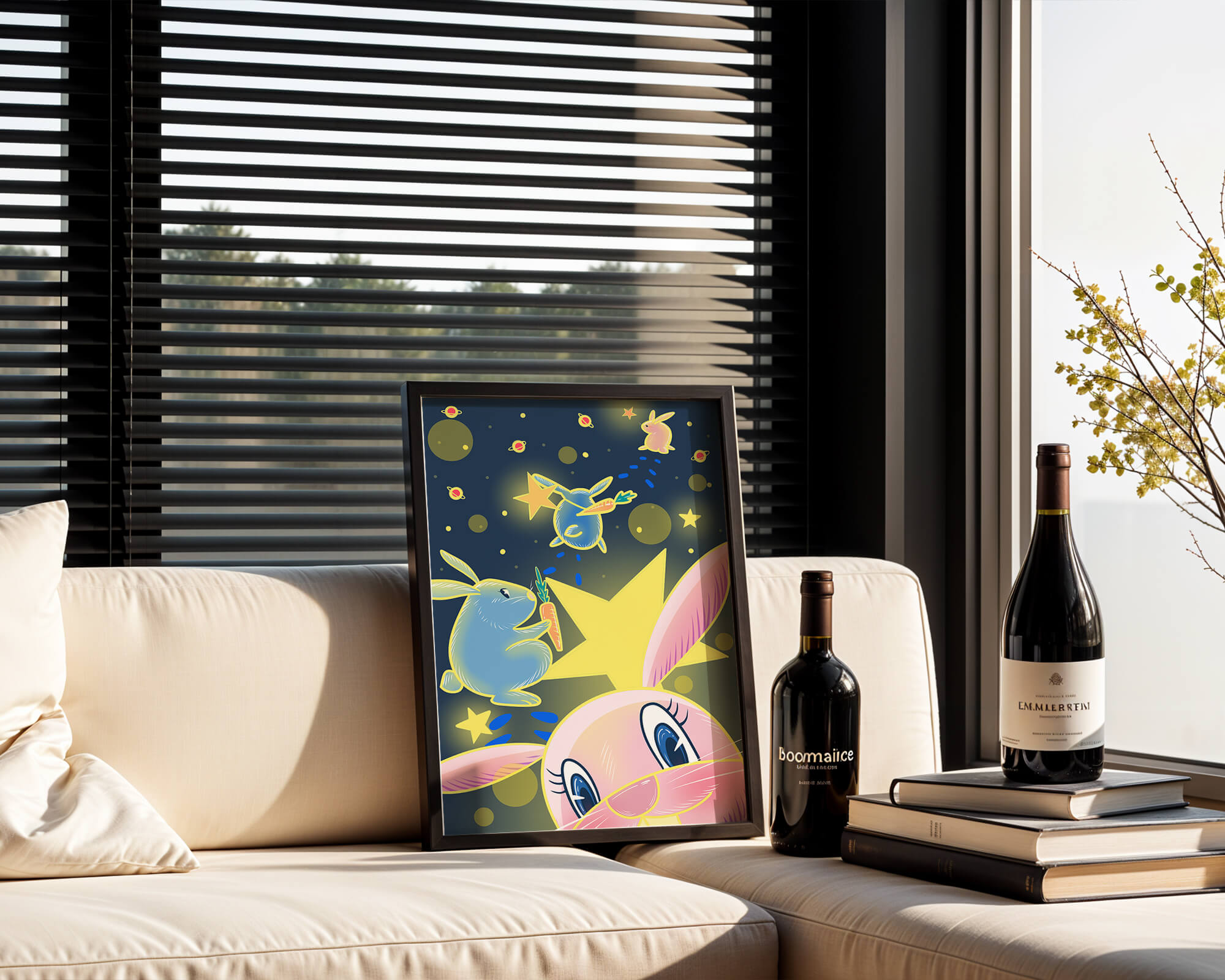 Playful bunnies with carrots and stars in a whimsical space scene