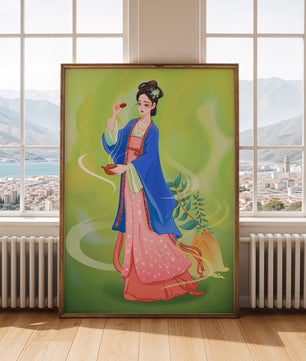 Diseño elegante de mujer en vestimenta tradicional del Este Asiático