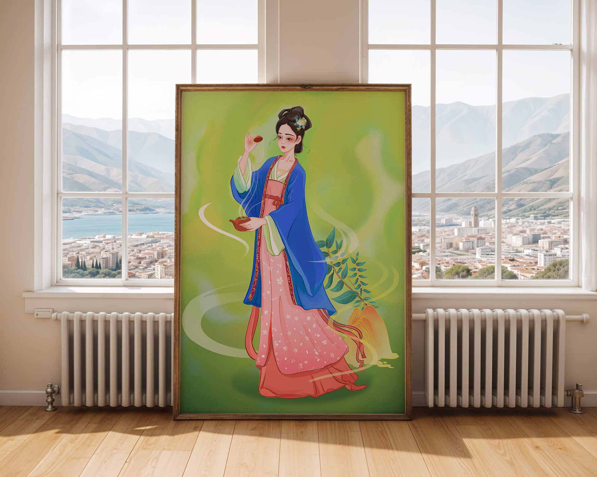 Diseño elegante de mujer en vestimenta tradicional del Este Asiático