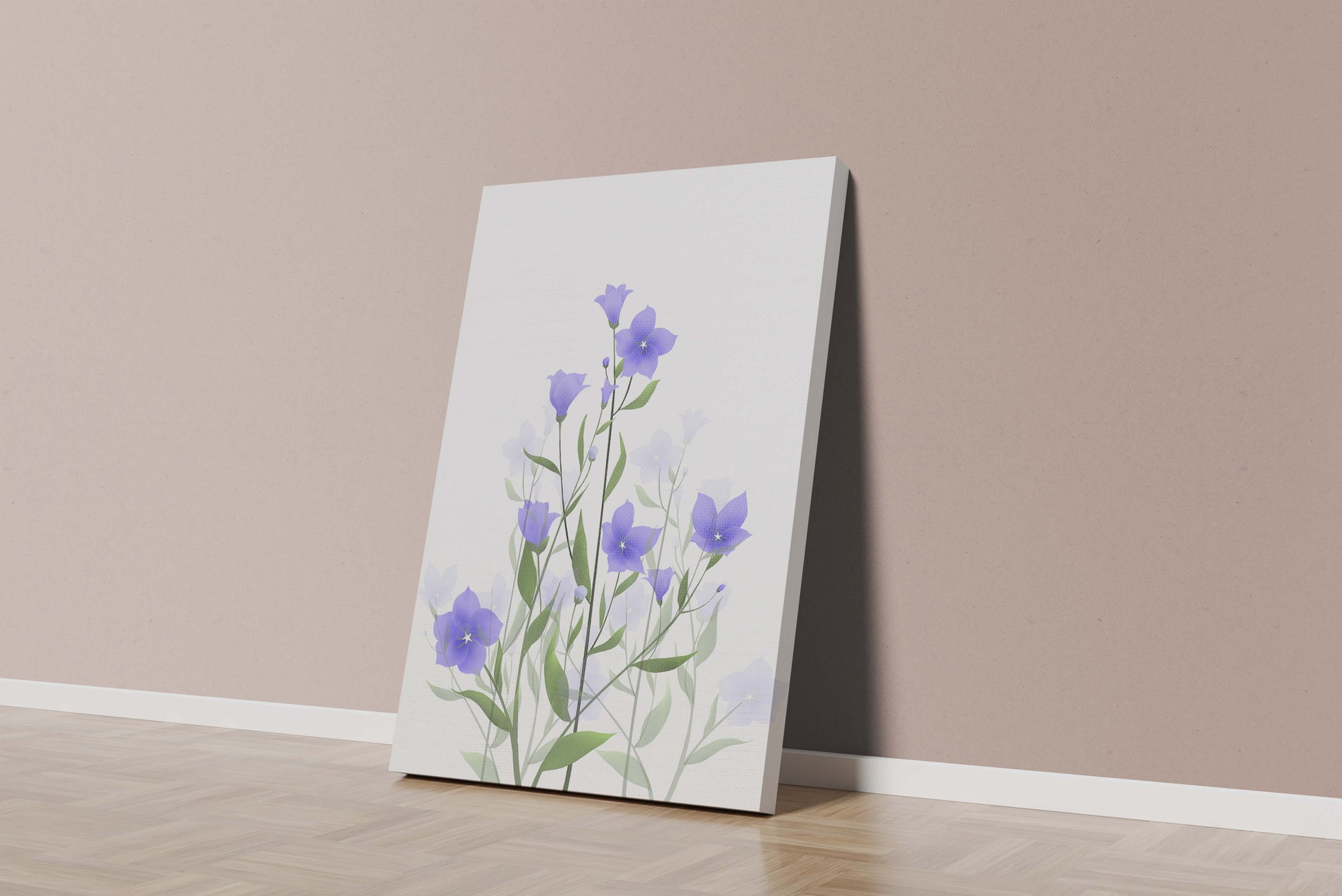 Elegant pastel blue flowers with green leaves on a white background