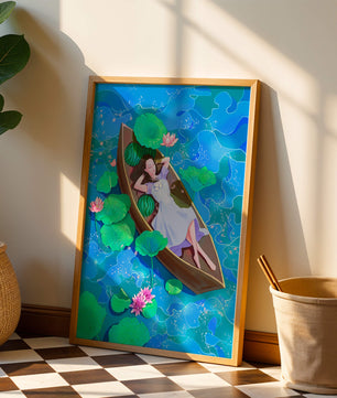 Serene illustration of a girl relaxing in a boat surrounded by lotus leaves and flowers