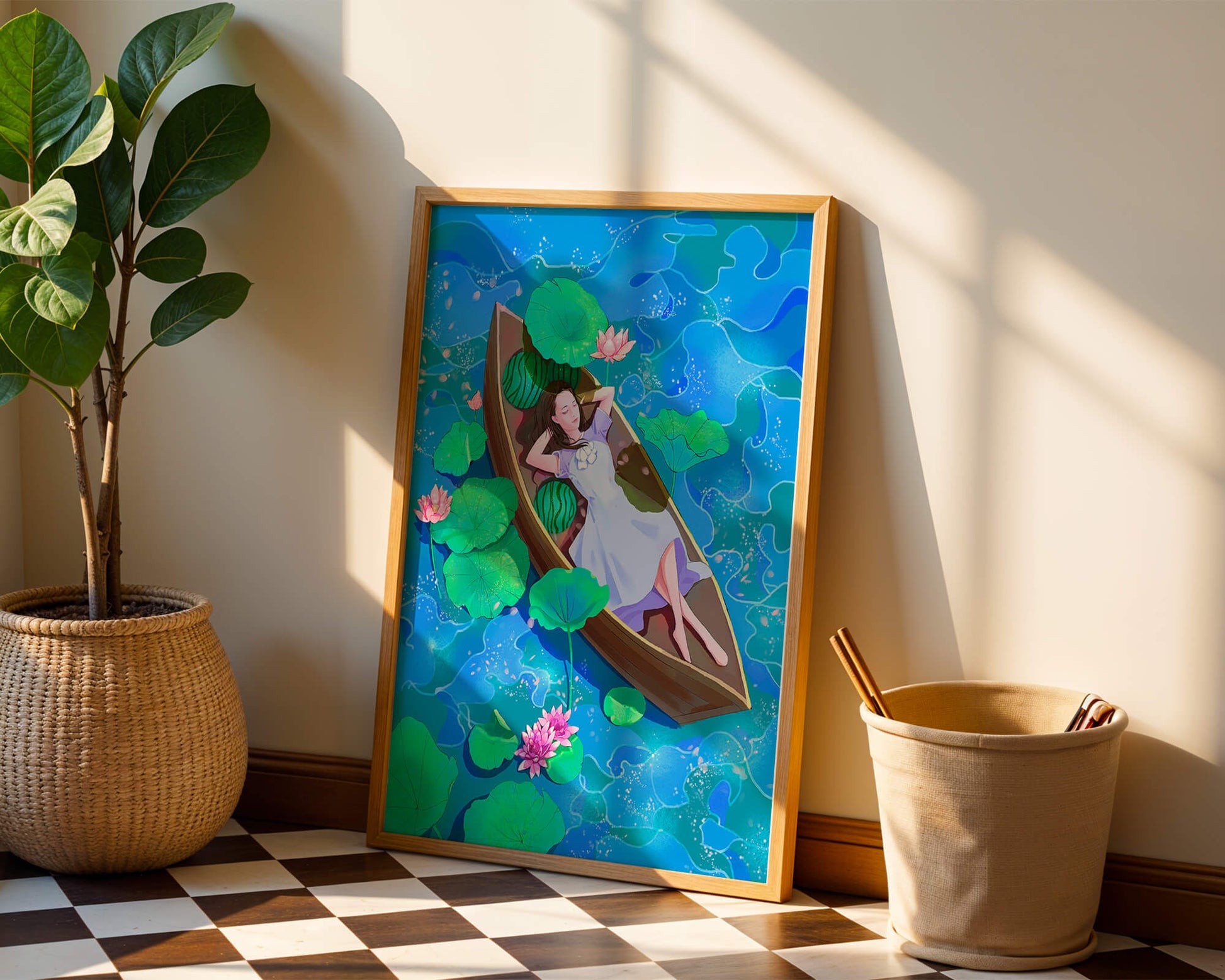 Serene illustration of a girl relaxing in a boat surrounded by lotus leaves and flowers