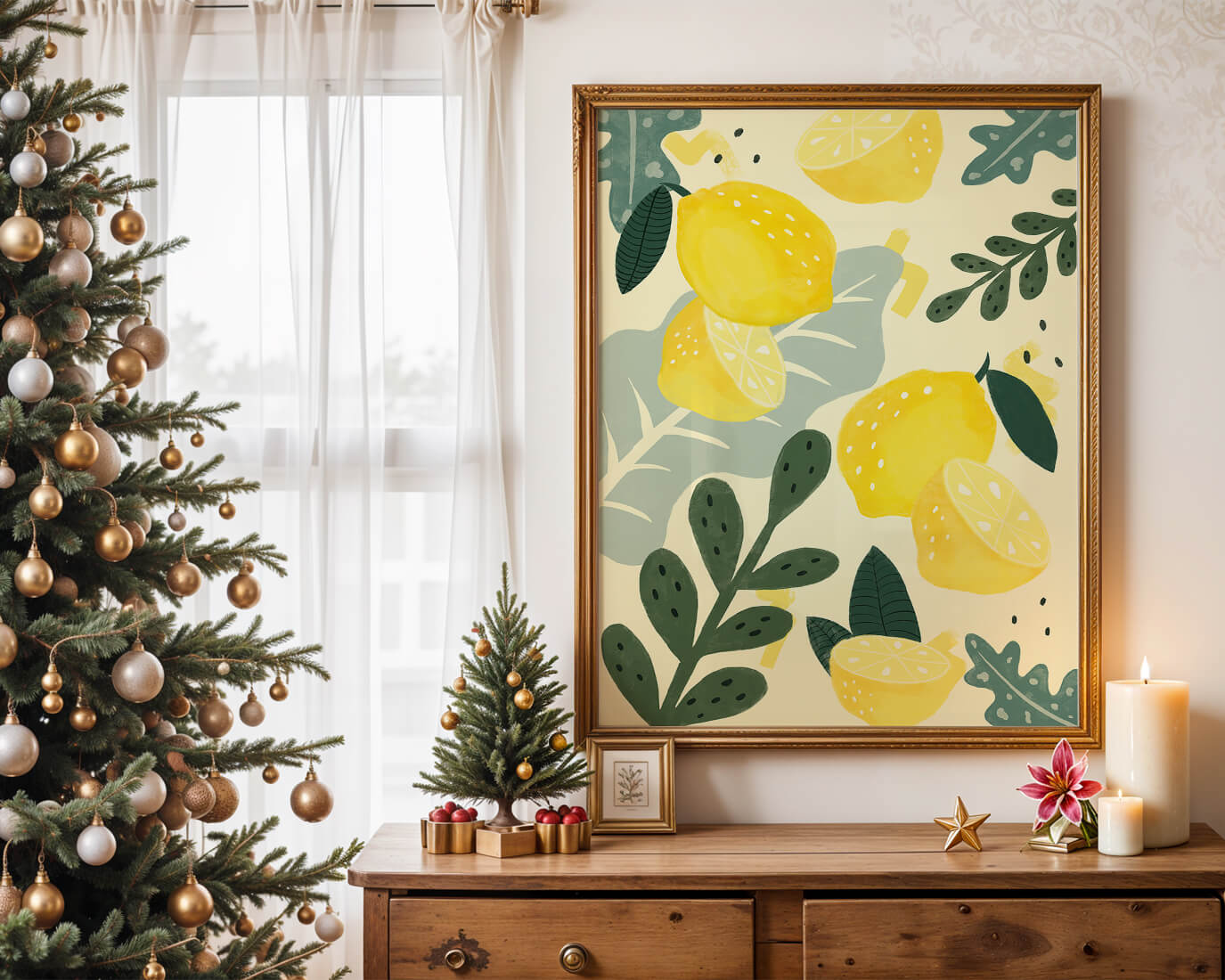 Composición ilustrativa de limones y hojas con colores vibrantes