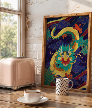 Illustration de dragon coloré avec des nuages ​​et des éléments de feuillage
