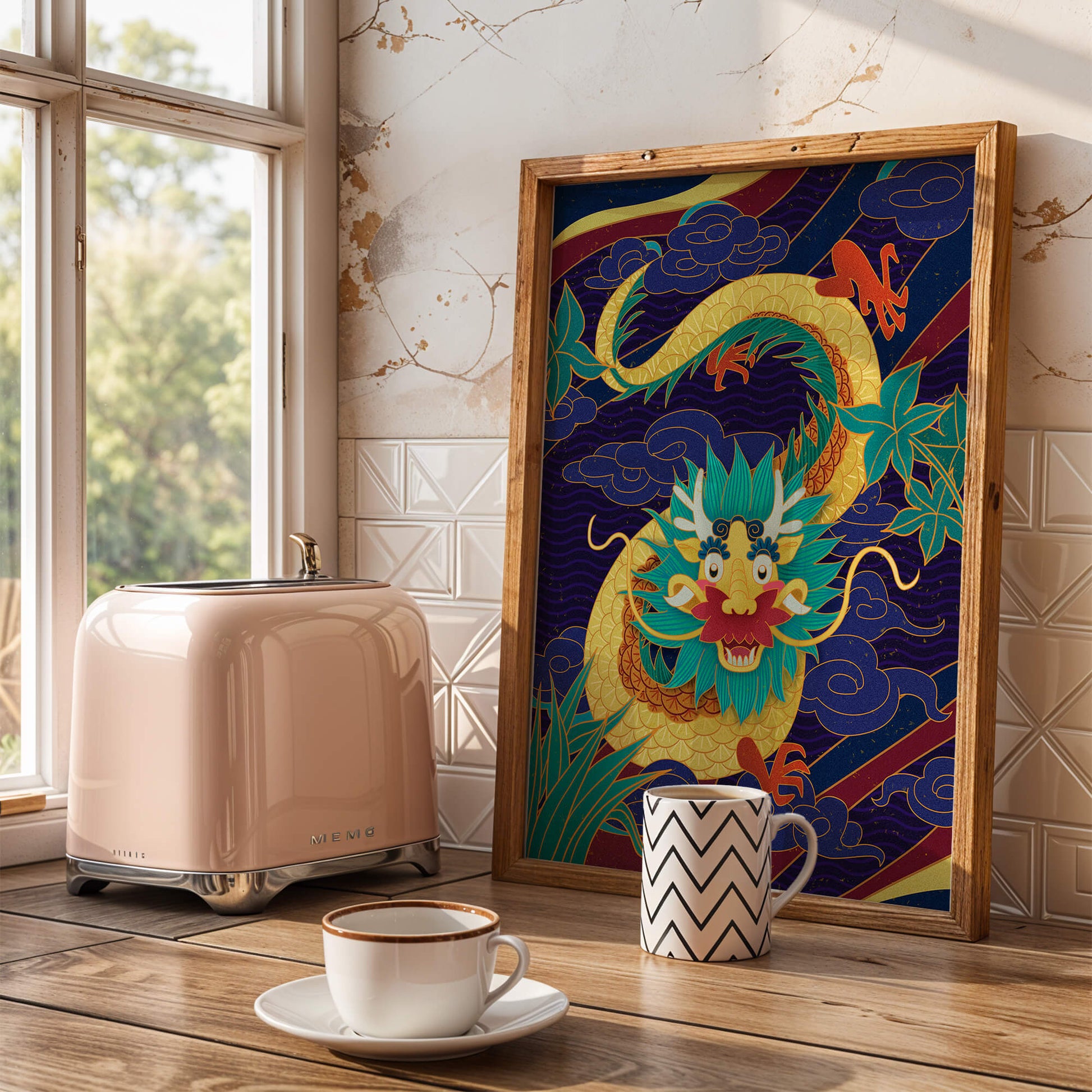 Illustration de dragon coloré avec des nuages ​​et des éléments de feuillage