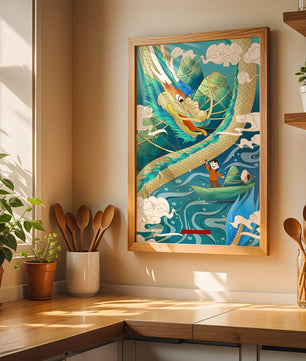 Colorful dragon and child illustration with vibrant waves and clouds