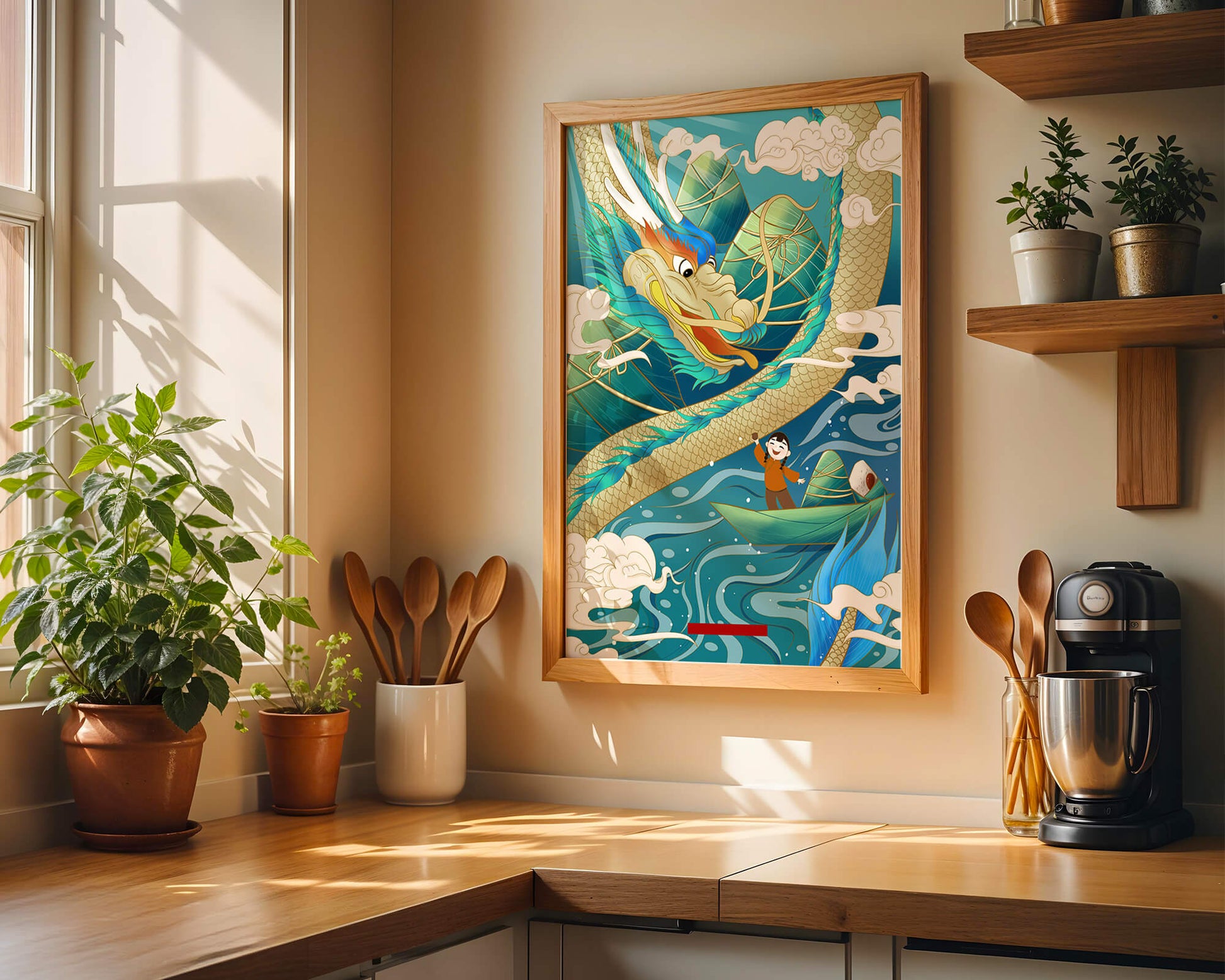 Colorful dragon and child illustration with vibrant waves and clouds