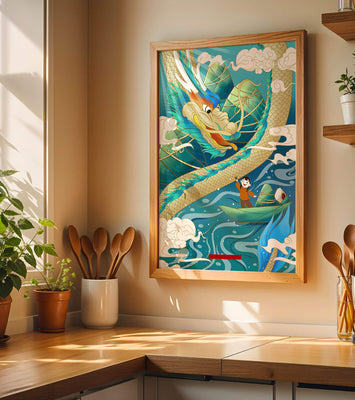 Colorful dragon and child illustration with vibrant waves and clouds