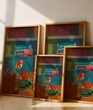 Neugierige Katze beobachtet Goldfische in einem Glas auf einem Bücherregal