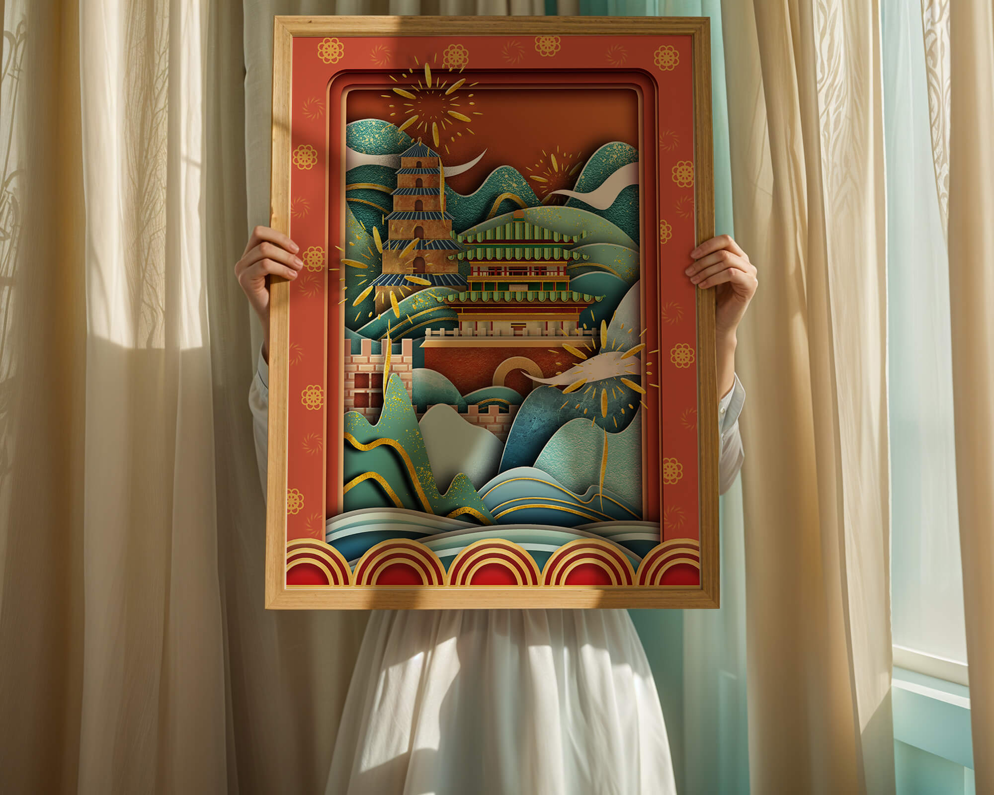 Illustrated Asian landscape with fireworks and traditional architecture