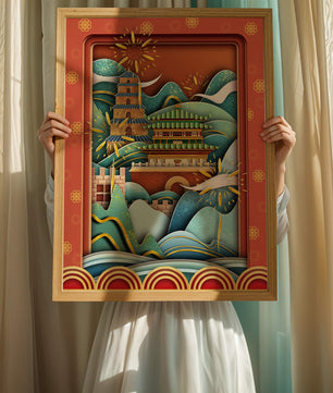 Paysage asiatique illustré avec des feux d'artifice et une architecture traditionnelle
