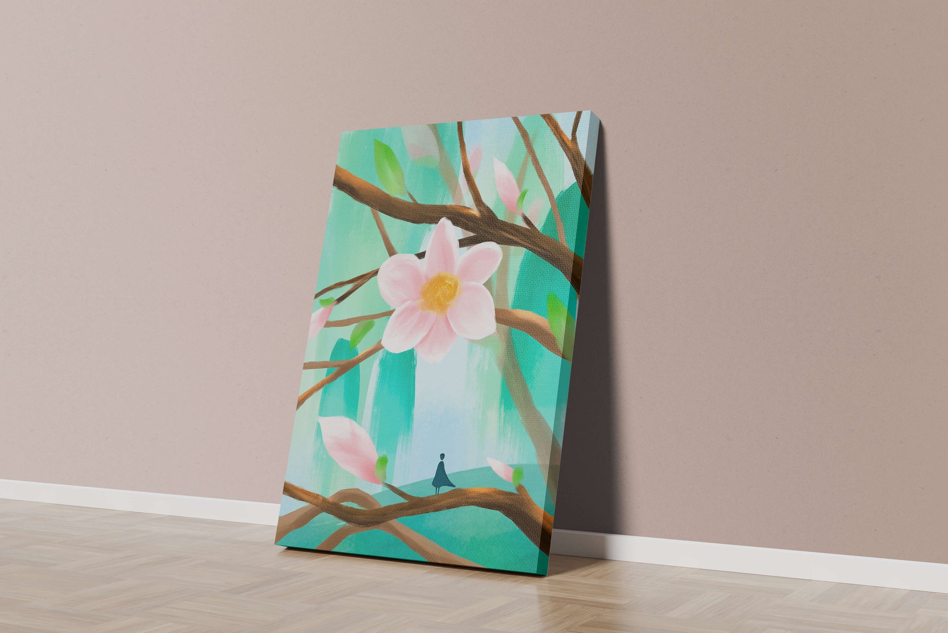 Serene floral artwork with large pink flower on tree branches