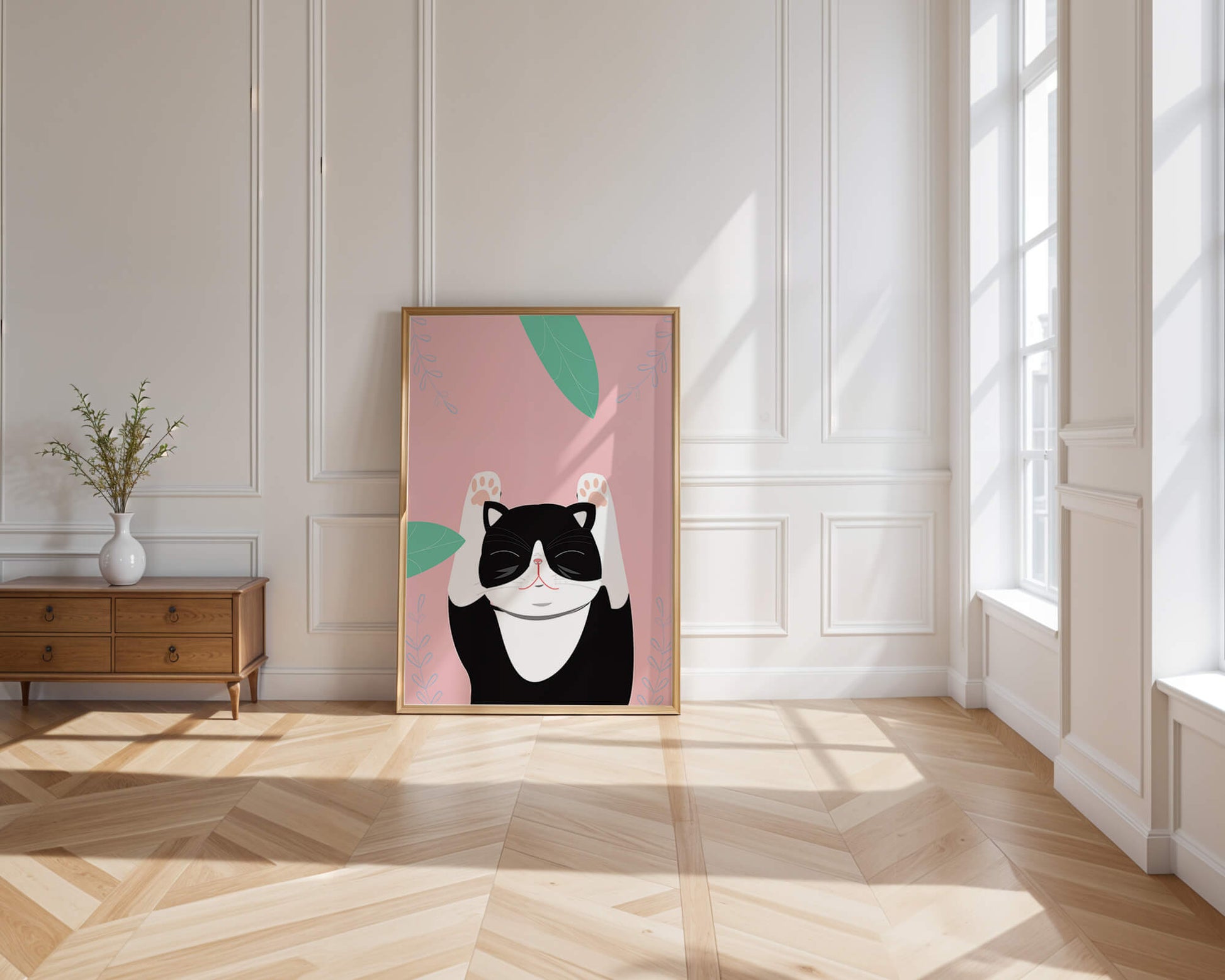 Illustrated cat on pink background with leaves