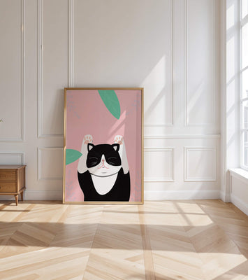 Illustrated cat on pink background with leaves
