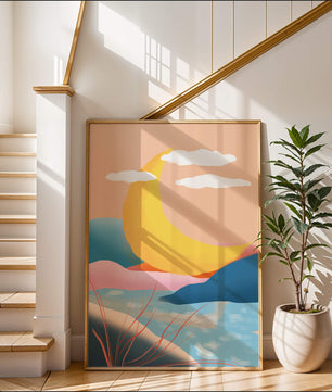 Abstract Landscape with Yellow Crescent and Pastel Colors