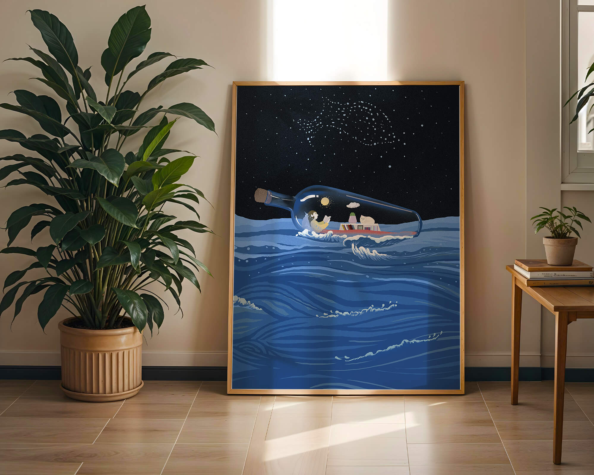 Surreal illustration of a bottle on the ocean with a starry night sky