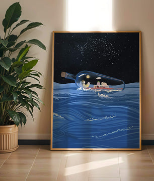 Surreal illustration of a bottle on the ocean with a starry night sky