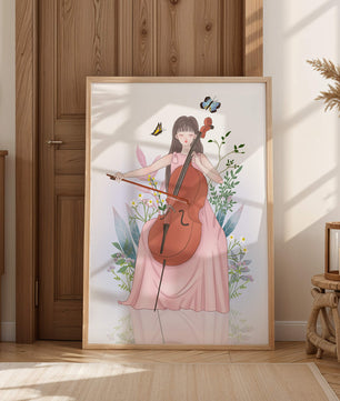 Girl Playing Cello Surrounded by Nature with Butterflies - Mi tienda