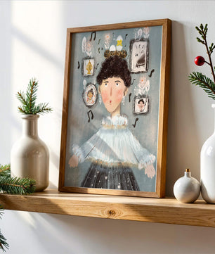 Retrato ilustrado caprichoso con elementos musicales y dorados