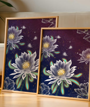Floral Fantasy with Glowing Elements and Butterflies in Night Sky