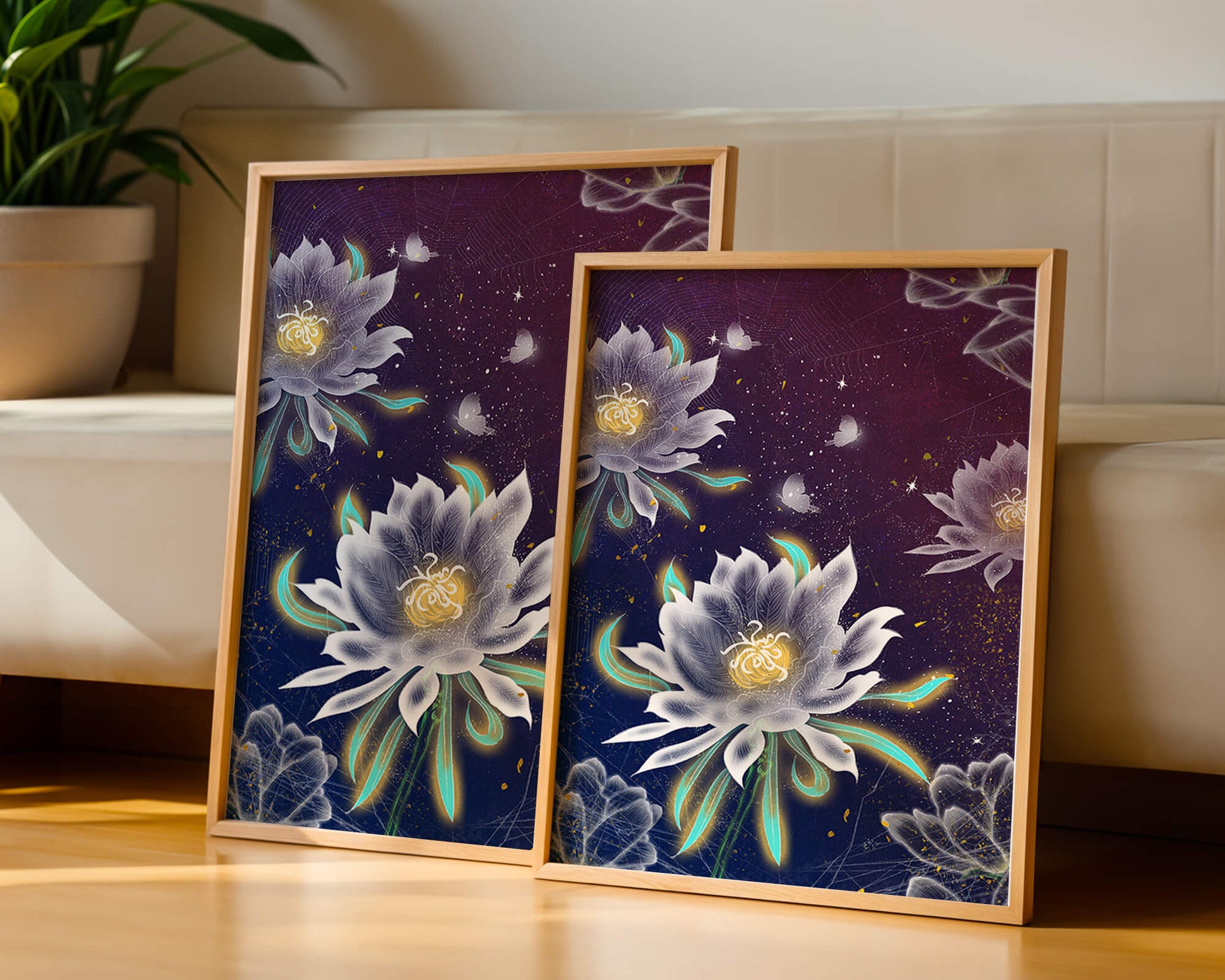 Floral Fantasy with Glowing Elements and Butterflies in Night Sky