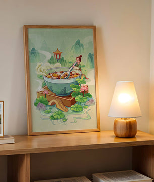 Illustration of a traditional Asian scene with large bowl and serene landscape