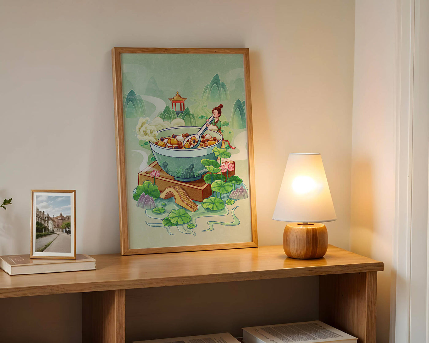 Illustration of a traditional Asian scene with large bowl and serene landscape