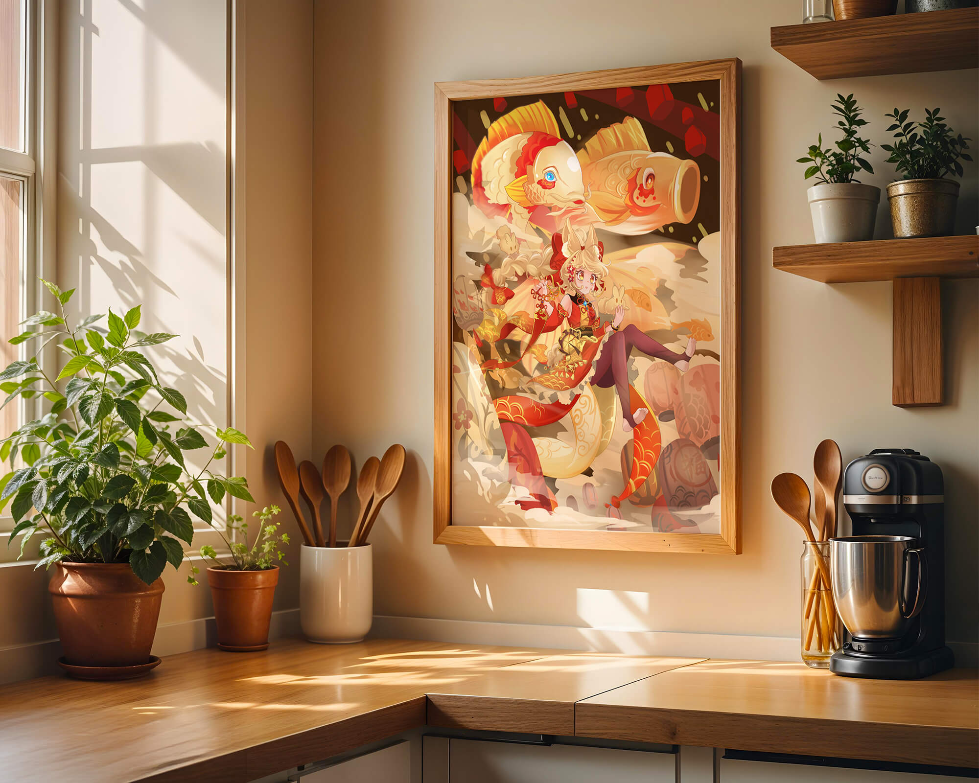 Vibrant anime character with mythical koi fishes and lanterns in dynamic scene