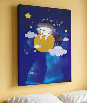 Scène nocturne onirique avec un enfant étreignant la lune