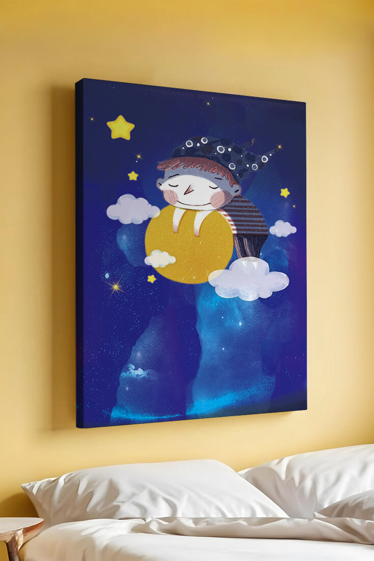 Dreamy Nighttime Scene with a Child Hugging the Moon