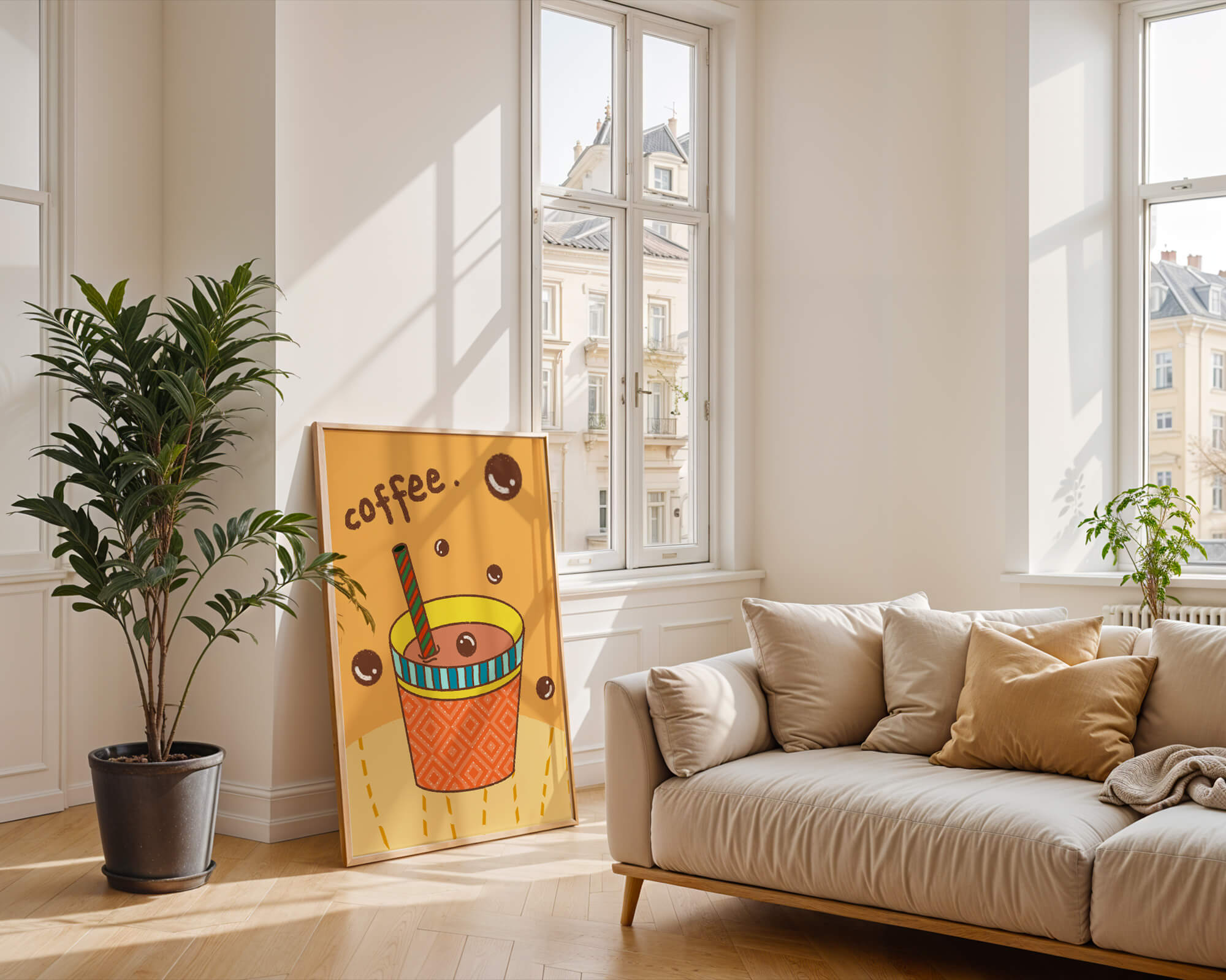 Colorful coffee cup illustration with bubbles and straw