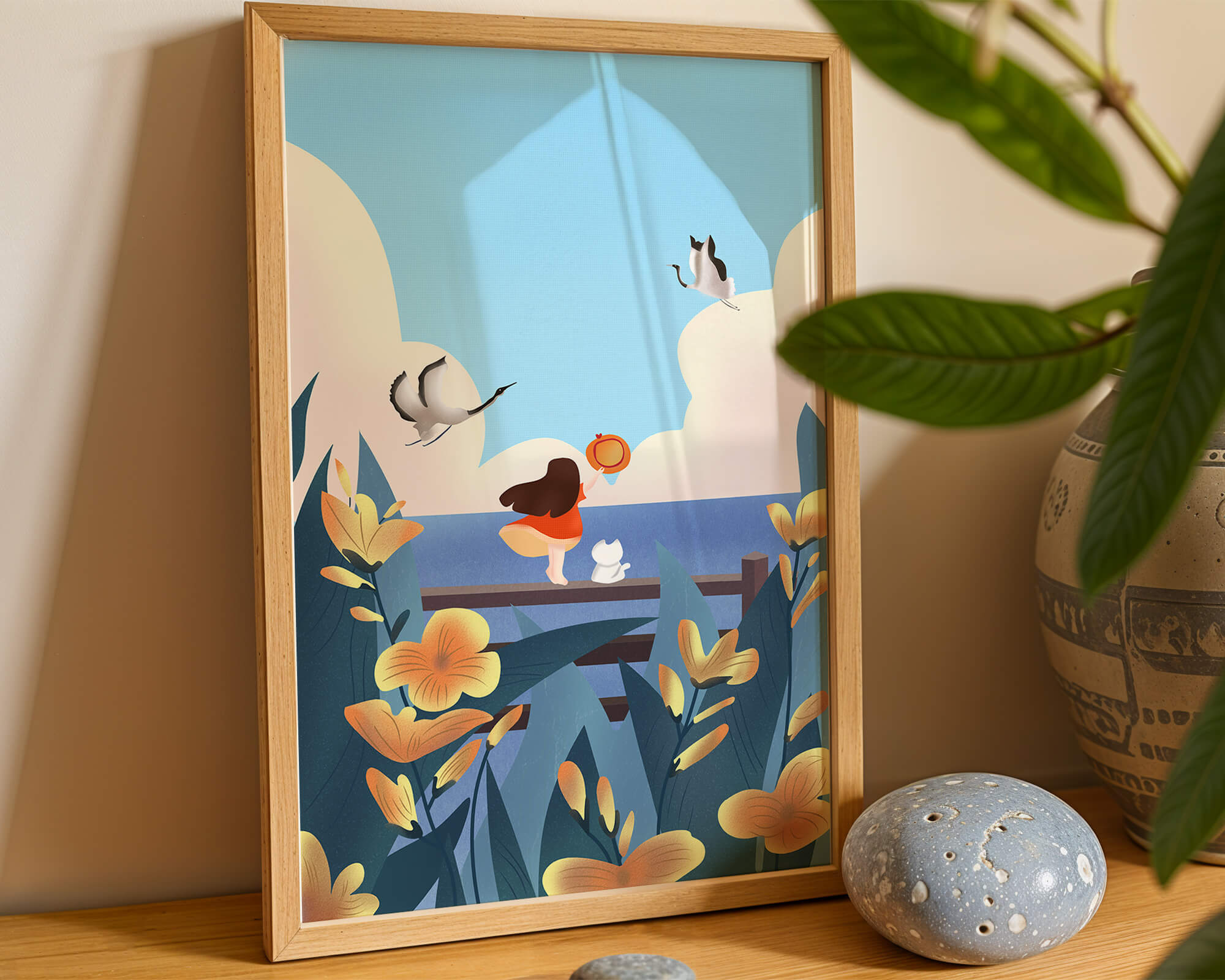 Serene seaside scene with girl, cat, and birds in nature