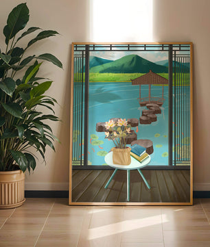 Scenic view from a room overlooking a tranquil water garden with stepping stones and mountains