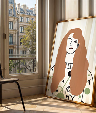 Minimalist Portrait of a Woman with Long Hair and Abstract Design Elements - Mi tienda