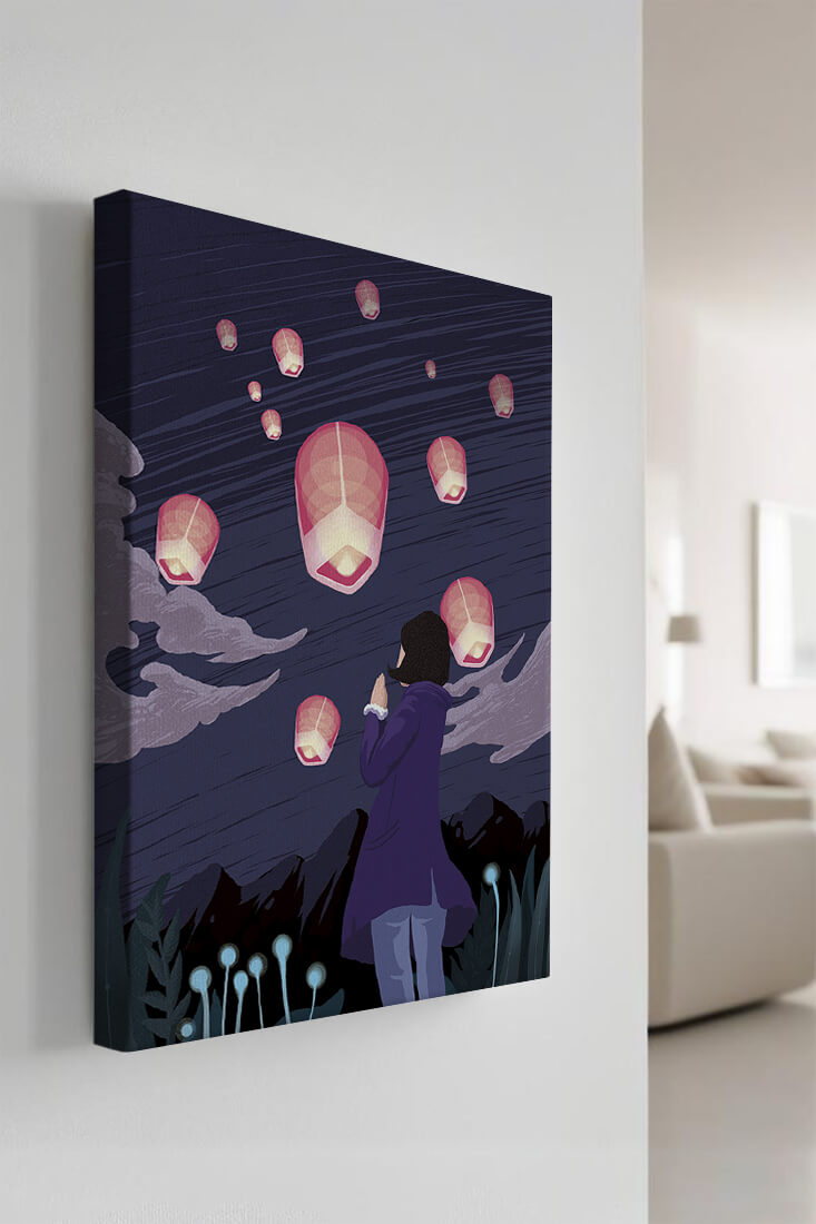 Girl Watching Pink Lanterns Soaring into the Night Sky