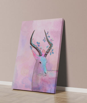 Pastel watercolor illustration of antelope with floral horns