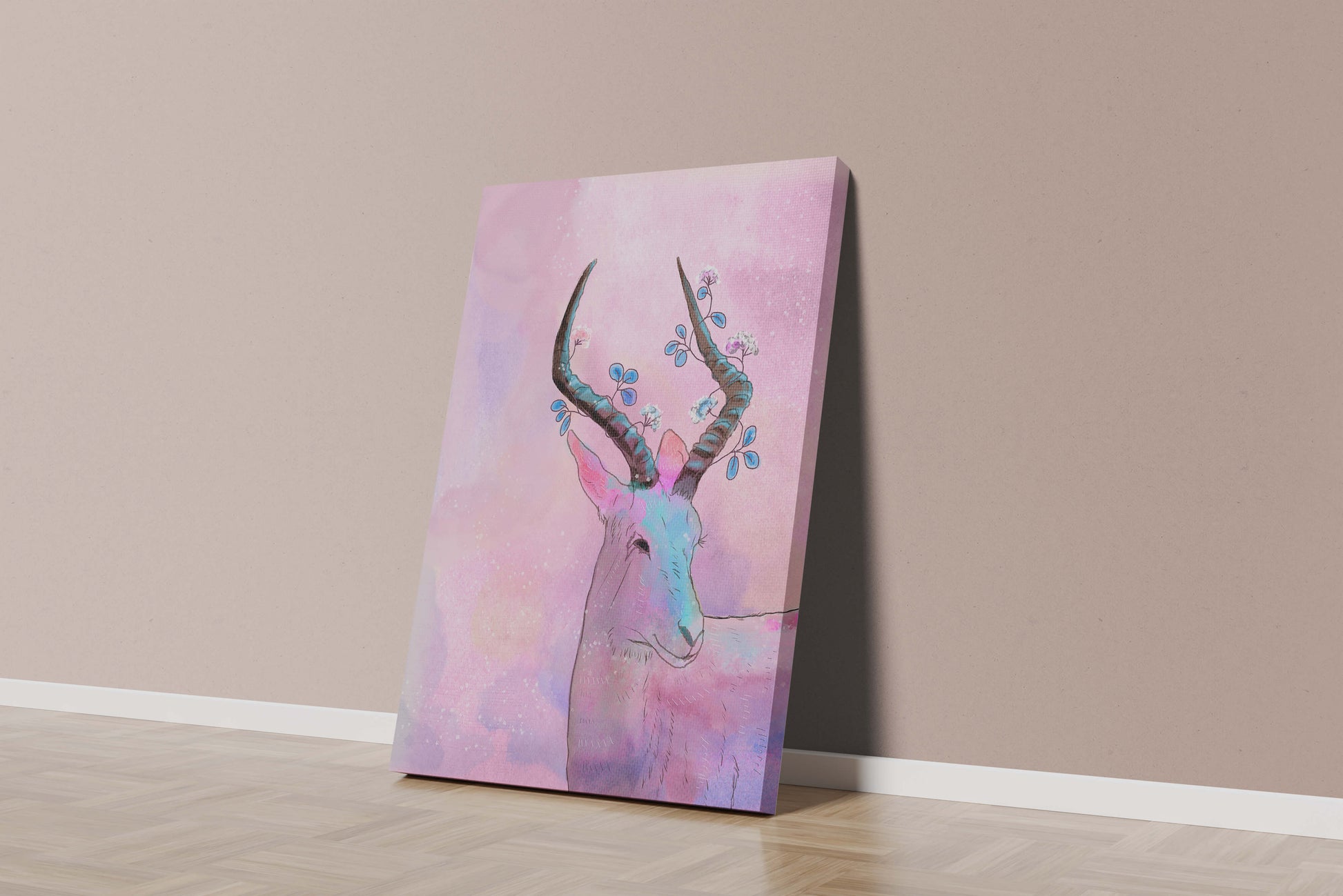 Pastel watercolor illustration of antelope with floral horns