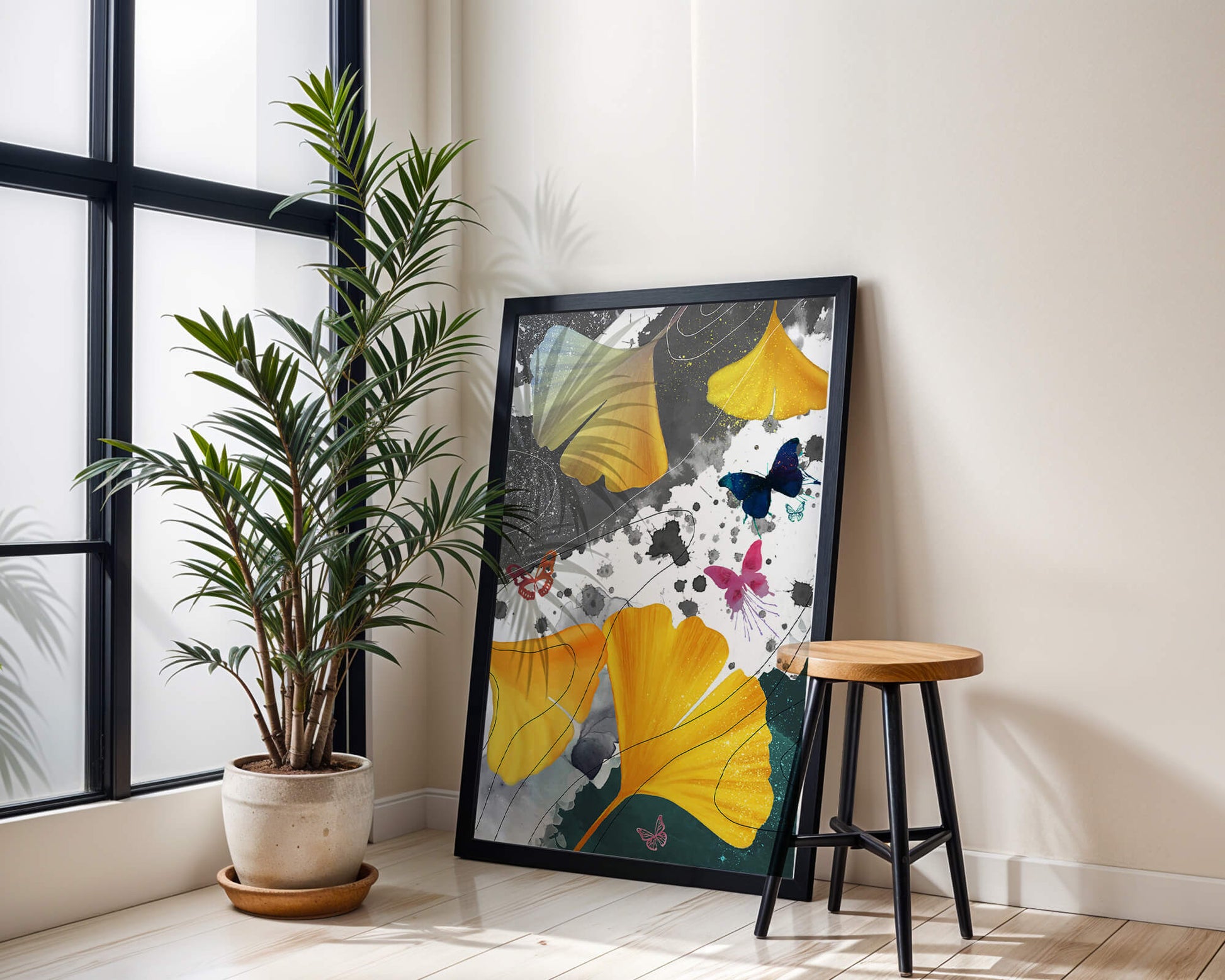 Composición artística con hojas amarillas y mariposas