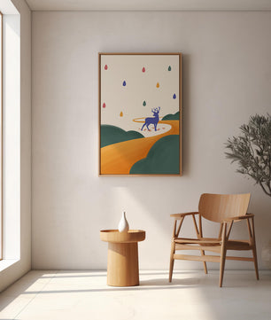 Colorful abstract deer illustration within a serene landscape
