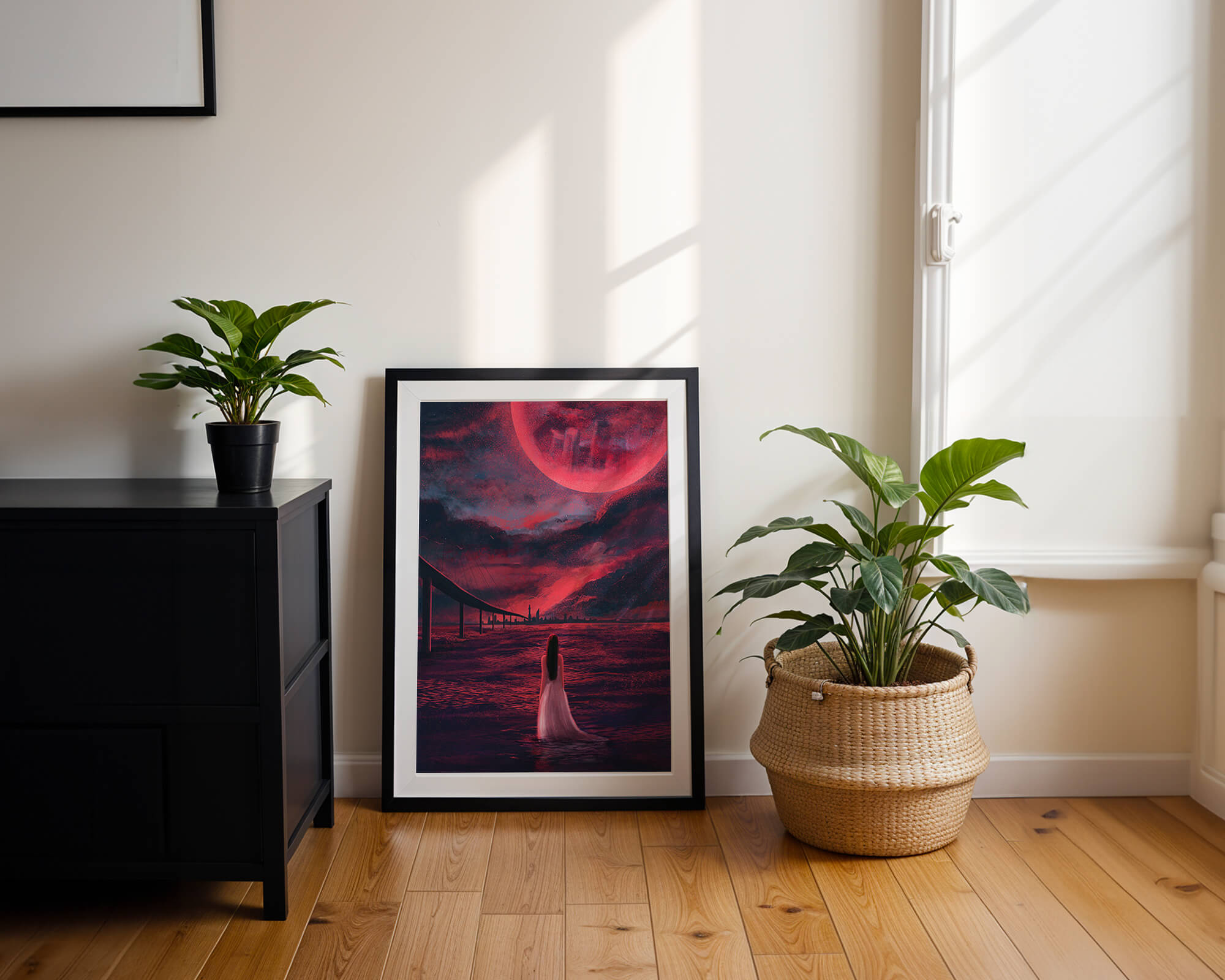 Dreamlike landscape with bridge and red night sky