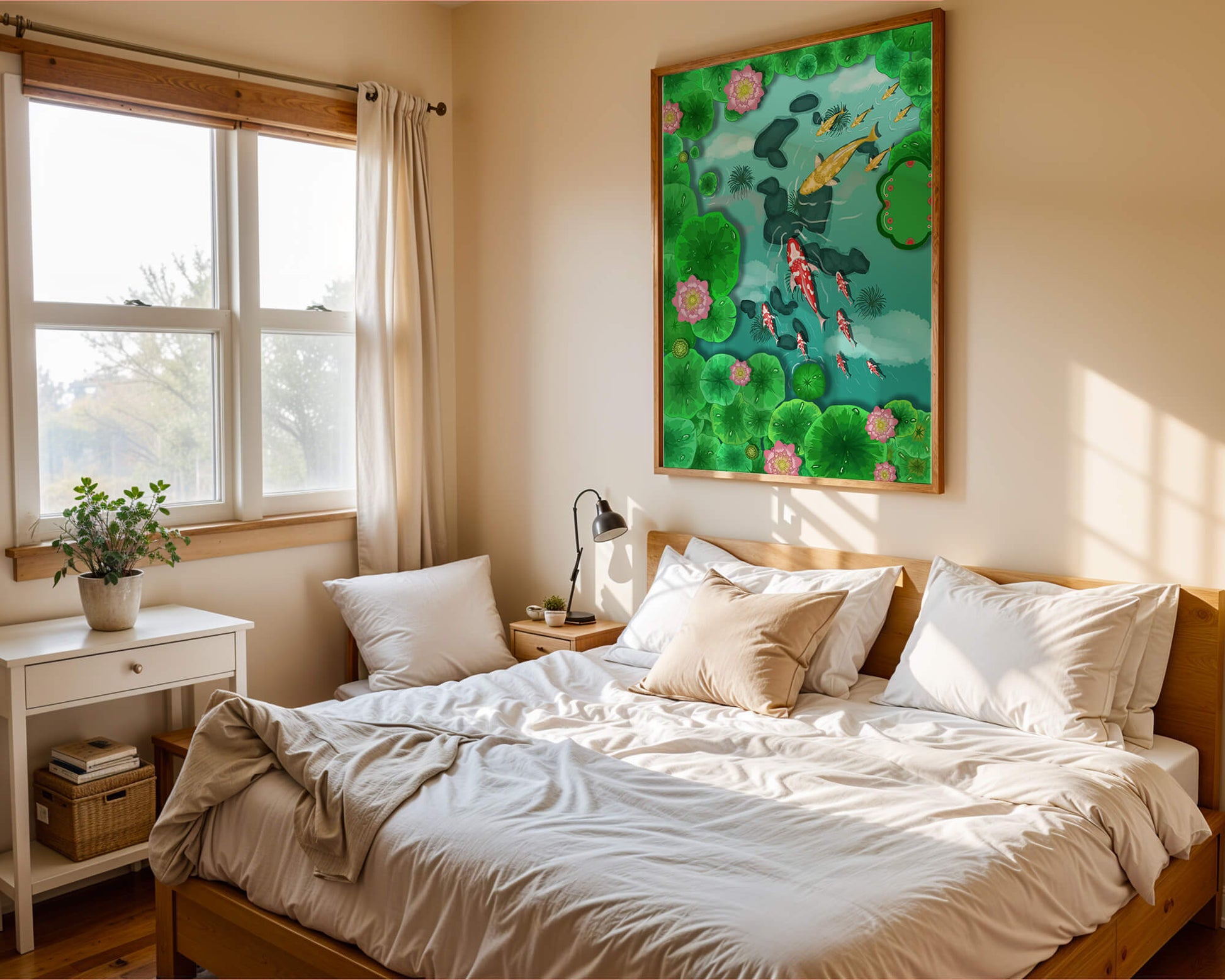 Étang à carpes koï vibrant avec des fleurs de lotus et des nénuphars verts
