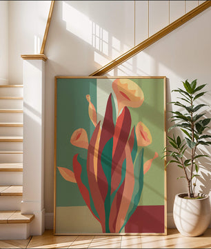 Abstract floral illustration with bold colors and geometric background