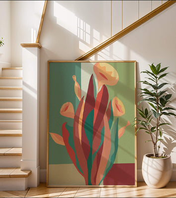 Abstract floral illustration with bold colors and geometric background