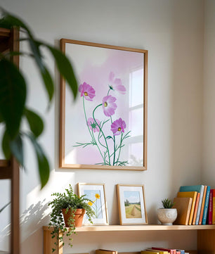 Ilustración digital de flores de cosmos rosadas sobre un fondo pastel suave